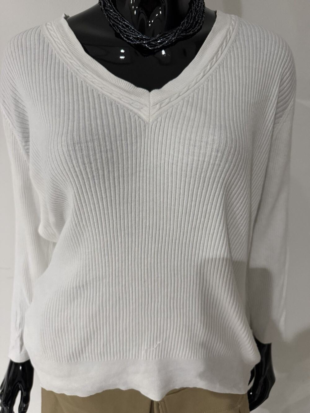 Lauren Ralph Lauren Women XL White 100% Cotton Ribbed V-Neck 3/4 Sleeve Sweater